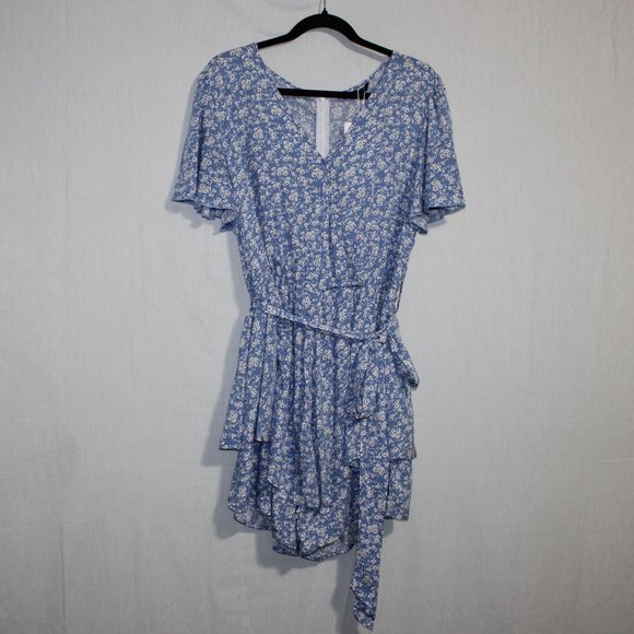 BloomChic Pants - Women's Bloomchic Ditsy Floral Wrap Pocket Belted Ruffles Jumpsuit Blue White 1X